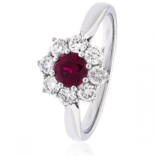 8 Stone Round Brilliant Cut Ruby & Diamond Cluster Engagement Ring