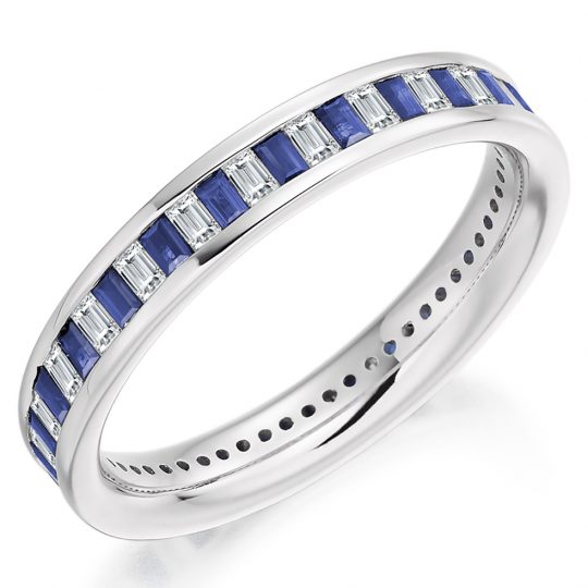 Baguette Cut Diamond & Blue Sapphire Alternating Channel Set Full Eternity Ring