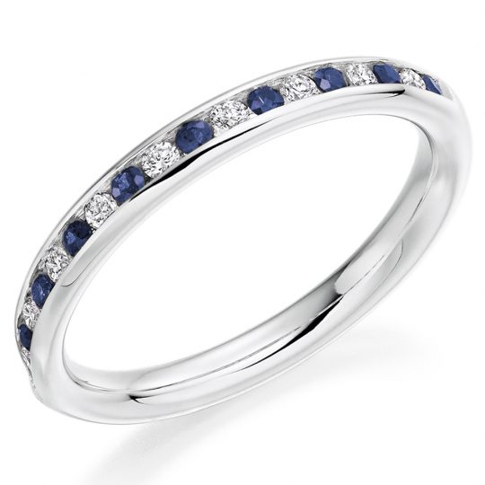Round Brilliant Cut Diamond & Blue Sapphire Alternating Channel Set Half Eternity Ring