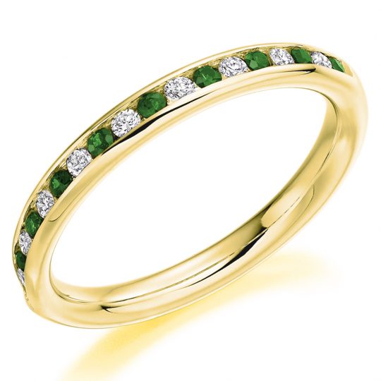 Round Brilliant Cut Diamond & Emerald Alternating Channel Set Half Eternity Ring