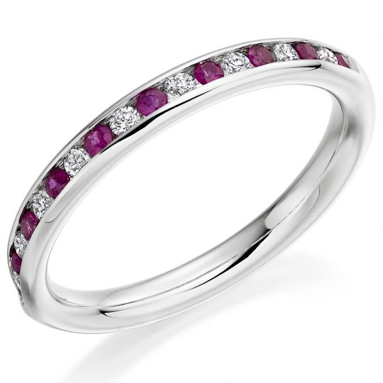 Round Brilliant Cut Diamond & Ruby Alternating Channel Set Half Eternity Ring