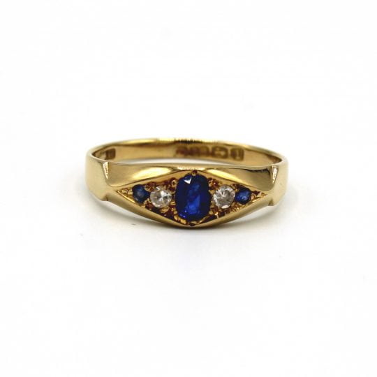 Edwardian Sapphire & Diamond Ring With Pinched Shoulder Detail