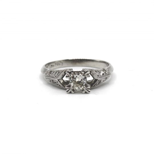 European Cut Diamond Engagement Ring With Split Shoulder Details