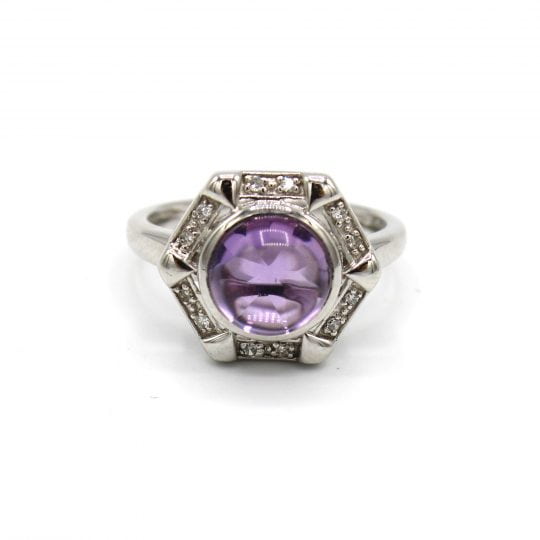 Polished Cabochon Amethyst & Diamond Ring