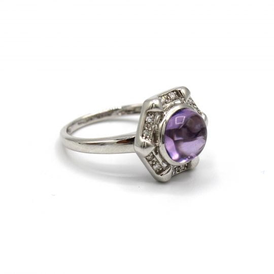 Polished Cabochon Amethyst & Diamond Ring