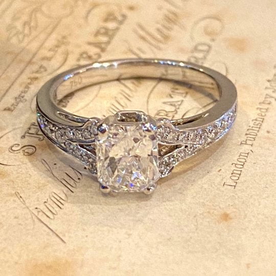 Certificated Cushion Cut Diamond Engagement Ring With Split Shoulders