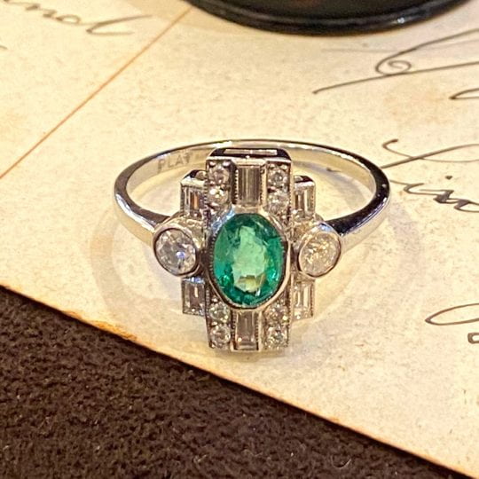 Vintage Art Deco Inspired Emerald & Diamond Cluster Ring