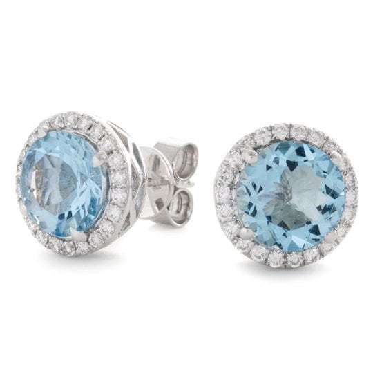 Round Cut Aquamarine Stud Earrings With Diamond Halo