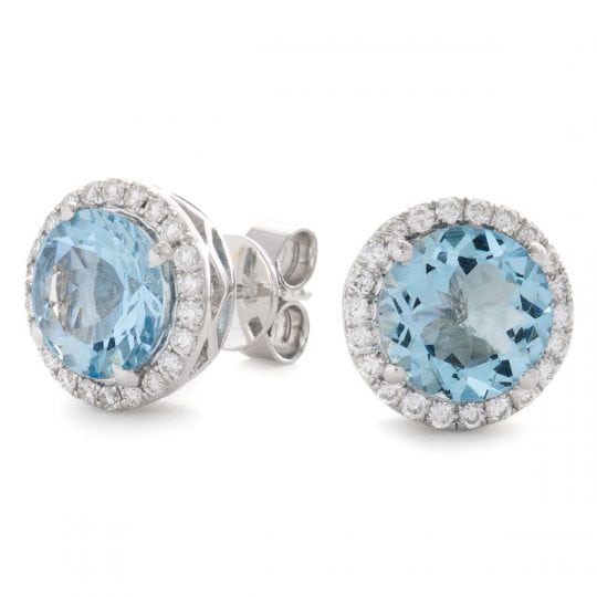 Round Cut Aquamarine Stud Earrings With Diamond Halo