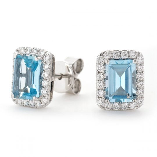 Emerald Cut Aquamarine Stud Earrings With Diamond Halo