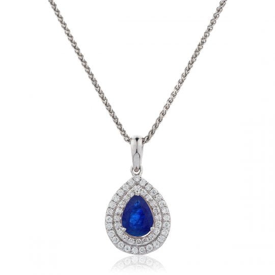 Pear Cut Blue Sapphire With Double Diamond Halo Necklace