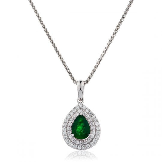 Pear Cut Emerald With Double Diamond Halo Necklace