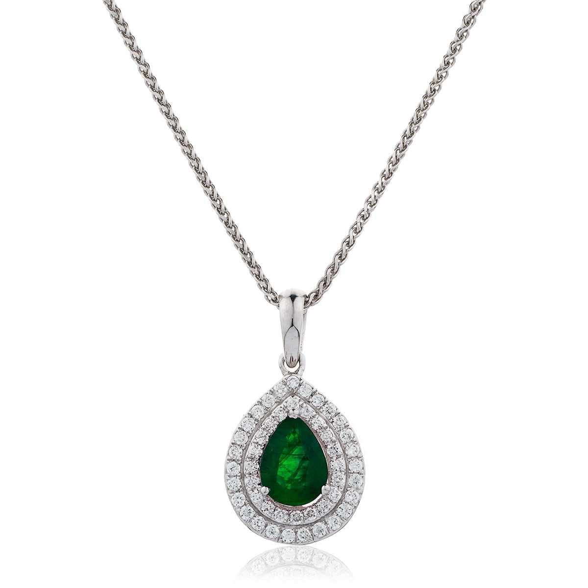Pear Cut Emerald With Double Diamond Halo Necklace | Necklaces | Jenny ...