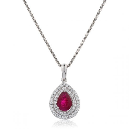 Pear Cut Ruby With Double Diamond Halo Necklace