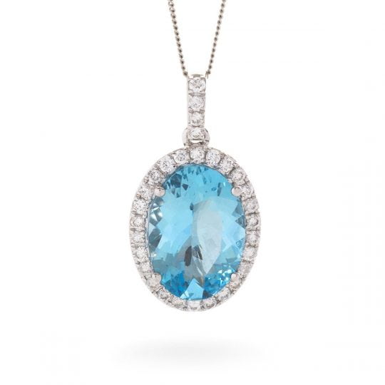 Oval Cut Aquamarine & Diamond Halo Necklace