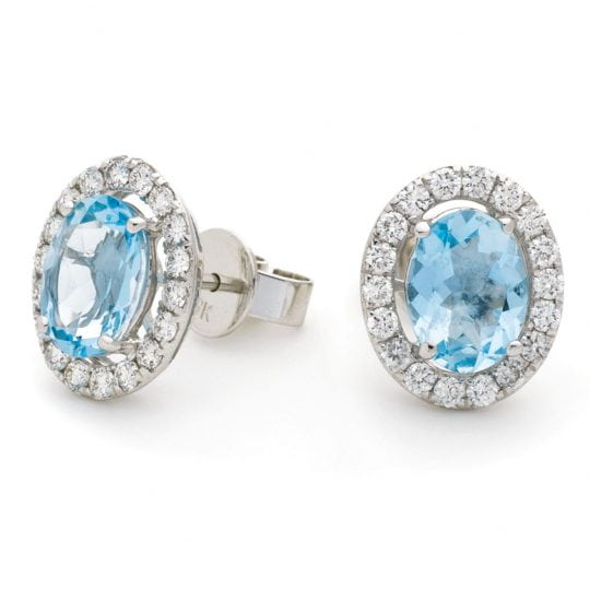 Oval Cut Aquamarine Stud Earrings With Diamond Halo