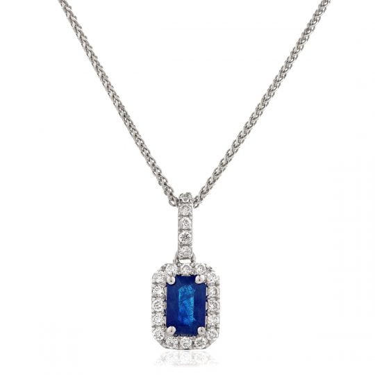 Emerald Cut Blue Sapphire With Diamond Halo Necklace