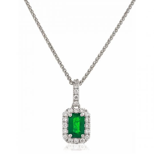 Emerald Cut Emerald With Diamond Halo Necklace