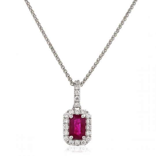 Emerald Cut Ruby With Diamond Halo Necklace
