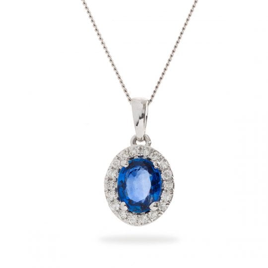 Oval Cut Blue Sapphire & Diamond Halo Necklace