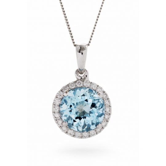 Round Cut Aquamarine & Diamond Halo Necklace