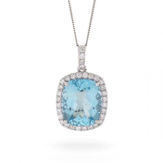 Cushion Cut Aquamarine & Diamond Halo Necklace