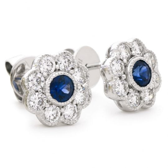 Round Cut Grain Set Sapphire & Diamond Flower Stud Earrings