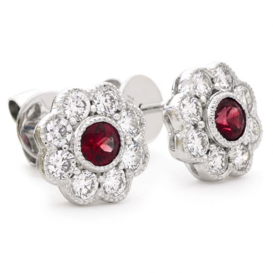 Round Cut Grain Set Ruby & Diamond Flower Stud Earrings