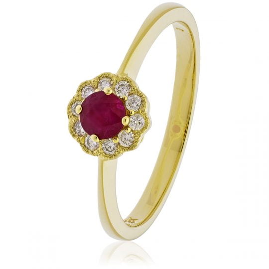 Vintage Style Round Cut Ruby & Diamond Deco Cluster Engagement Ring