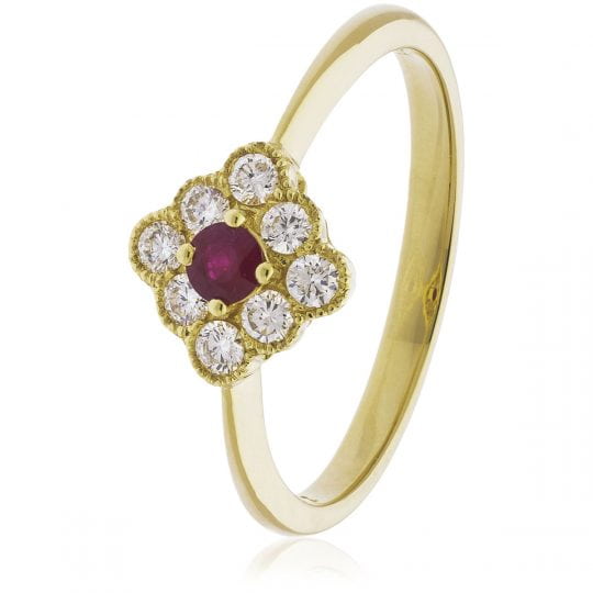 Vintage Style Round Cut Ruby & Diamond Deco Cluster Engagement Ring