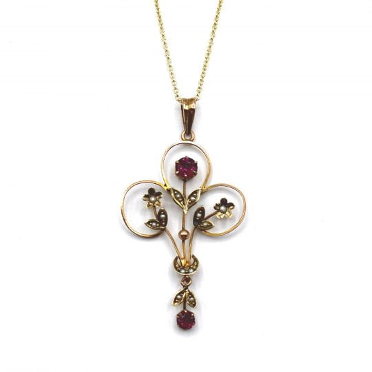 Edwardian Pink Tourmaline & Pearl Floral Pendant