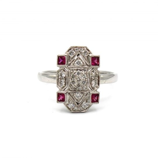 Art Deco Inspired Ruby & Diamond Plaque Ring