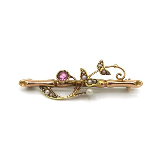 Edwardian Seed Pearl & Tourmaline Bar Brooch