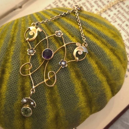 Edwardian Amethyst, Seed Pearl & Peridot Suffragette Pendant