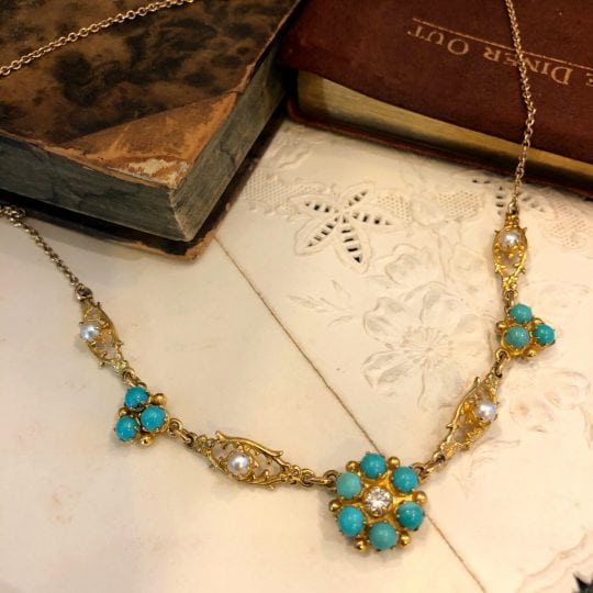 Ornate Turquoise, Seed Pearl & Diamond Necklace