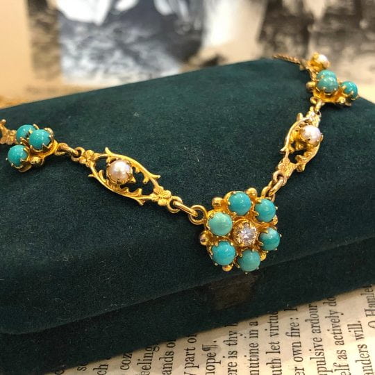 Ornate Turquoise, Seed Pearl & Diamond Necklace