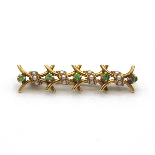 Pre 1930's Peridot & Pearl Crossed Bar Brooch