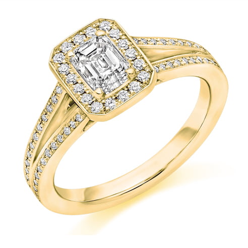 Emerald Cut Diamond Halo & Split Shoulders Engagement Ring