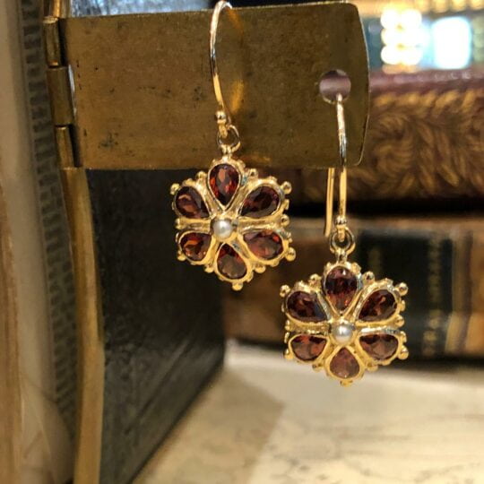 Garnet & Pearl Daisy Drop Earrings