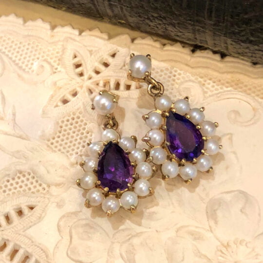Vintage Pearl & Amethyst Drop Earrings