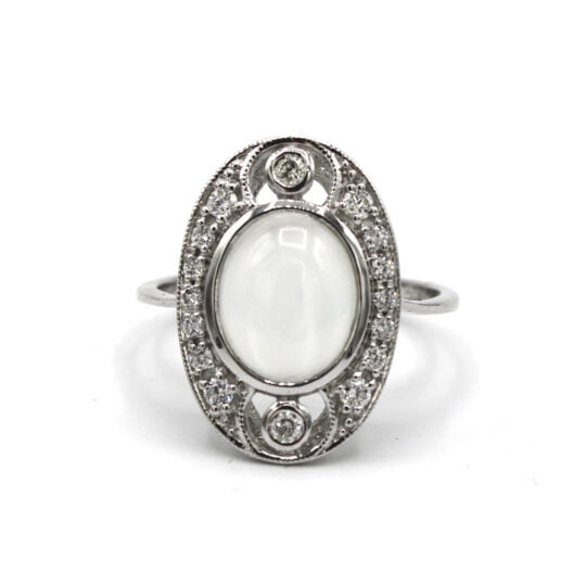 Deco Inspired Moonstone & Diamond Plaque Ring