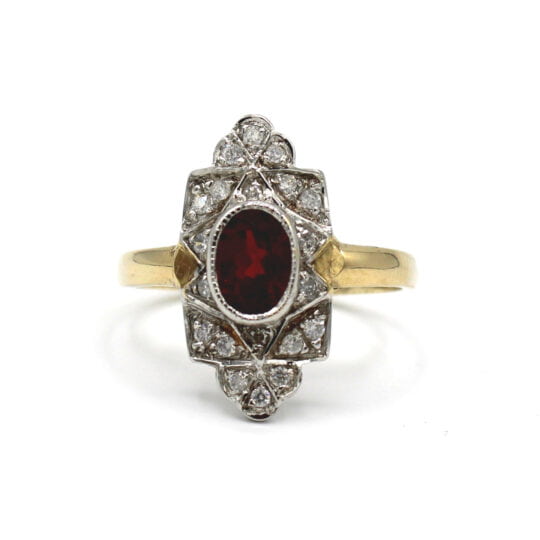 Deco Inspired Garnet & Diamond Plaque Ring