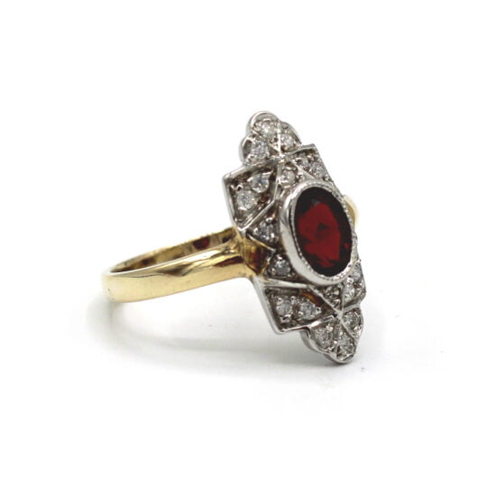 Deco Inspired Garnet & Diamond Plaque Ring