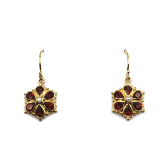 Garnet & Pearl Daisy Drop Earrings