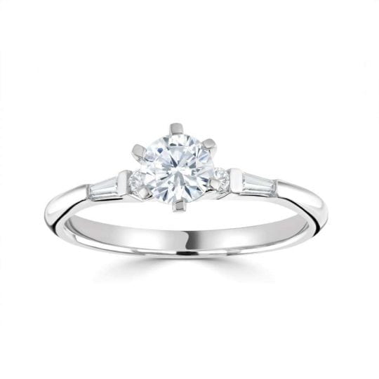 Solitaire With Baguette & Round Diamond Set Shoulders Engagement Ring
