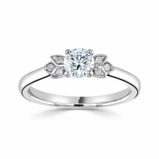 Round Solitaire With Floral Inspired Diamond Shoulders Engagement Ring