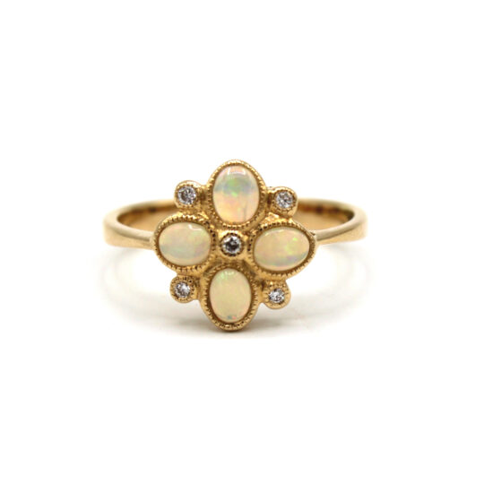 9ct Yellow Gold Opal & Diamond Flower Ring