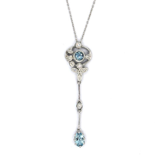 Edwardian Style Aquamarine & Diamond Drop Necklace