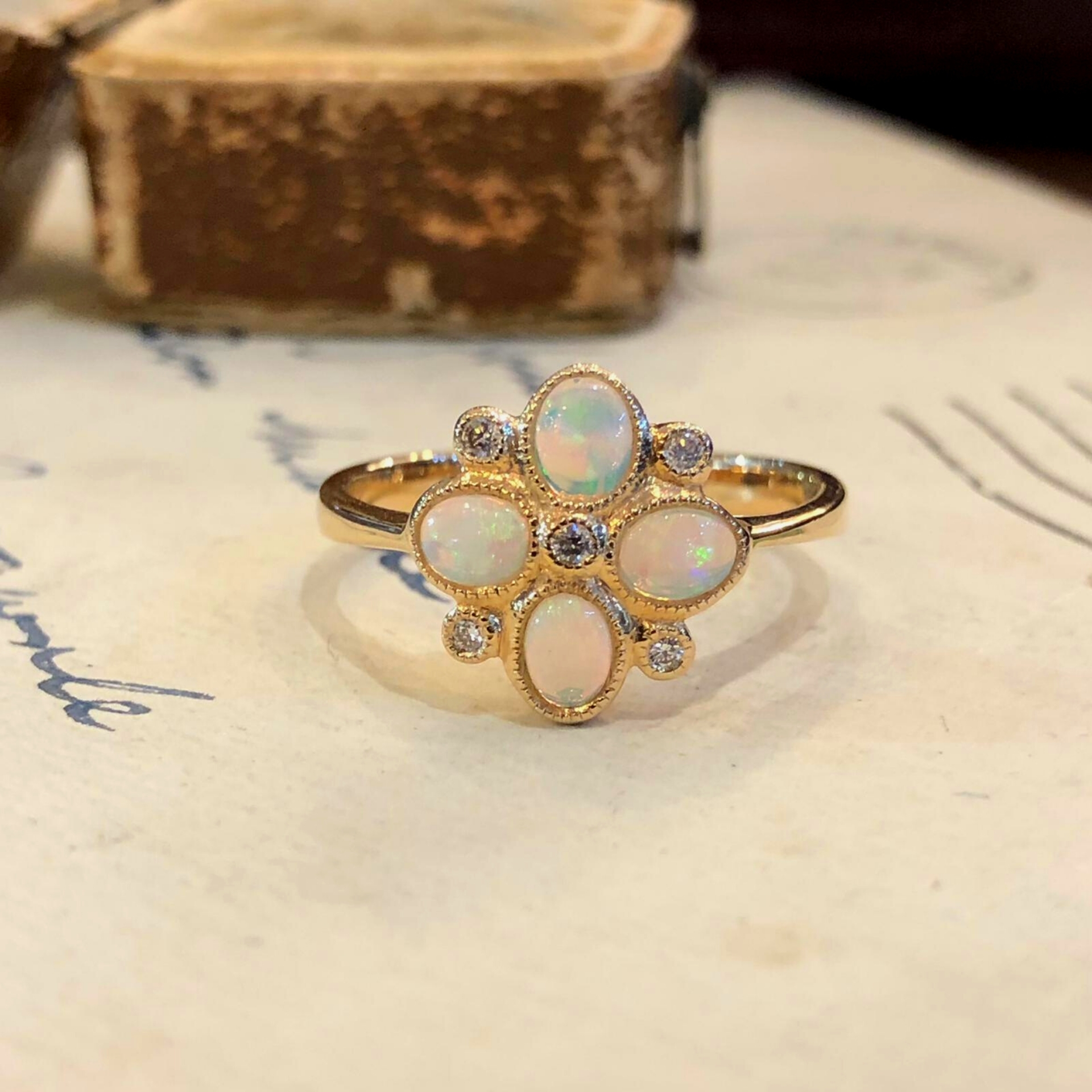 9ct Yellow Gold Opal Diamond Flower Ring