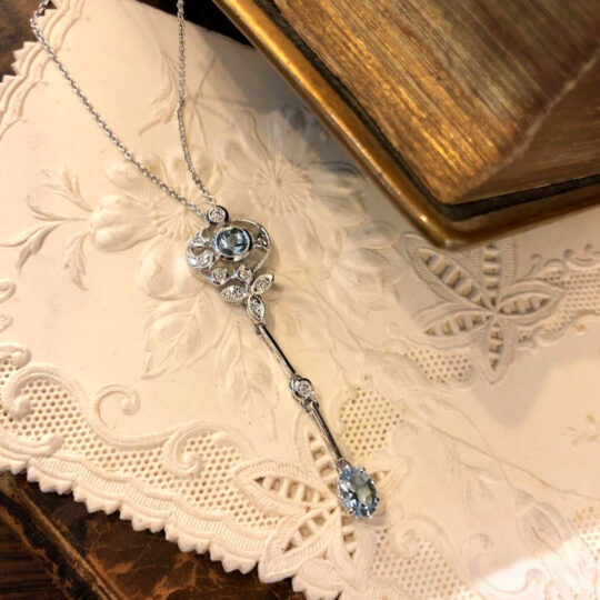 Edwardian Style Aquamarine & Diamond Drop Necklace
